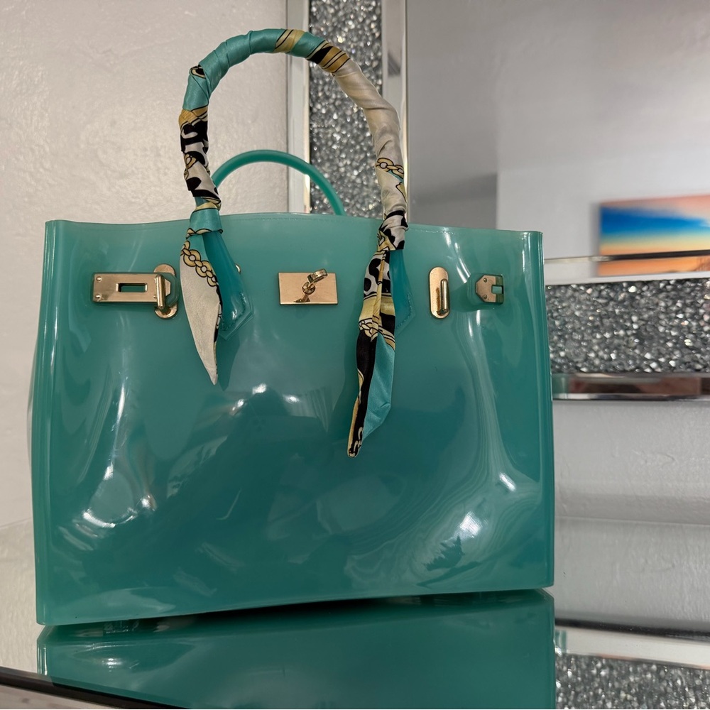 Chic Aqua Satchel with Scarf Detail